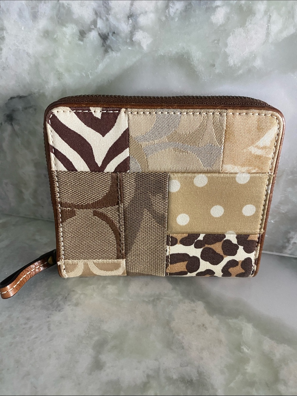 EUC Coach Patchwork Zip Wallet in Beige and Brown